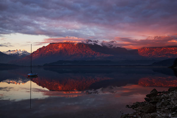 Santa Croce Lake, Alpago, Belluno Prealps, Veneto, Italy.