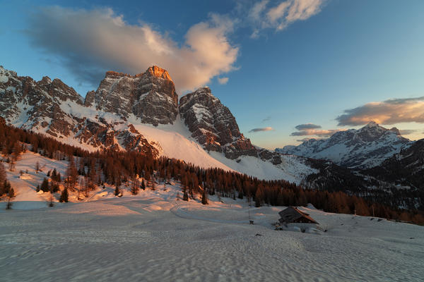 Pelmo with Città di Fiume refuge, Eastern Dolomites,Borca di Cadore, Belluno, Veneto, Italy.