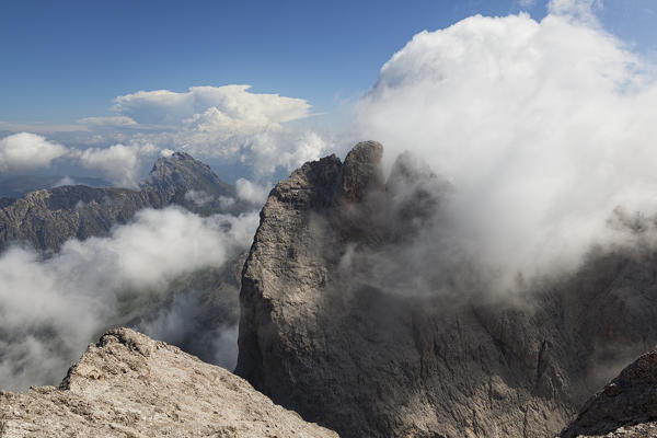 Sass da Putia and Furchetta from Sass Rigais, Odle-Puez group, Dolomites, South Tyrol, Bolzano, Italy.