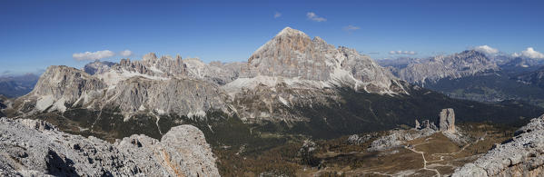 Panoramic photo from the summit of Averau, Ampezzo Dolomites, Cortina d'Ampezzo, Belluno, Veneto, Italy.