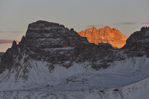 Paterno Mount and Undici Peak from Piana Mount, Dolomites, Misurina, Auronzo di Cadore, Veneto, Belluno, Italy.