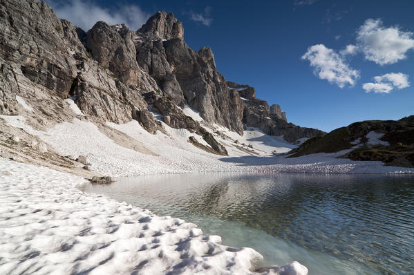 Coldai Lake with Civetta Group, Dolomites, Alleghe, Belluno, Veneto, Italy.