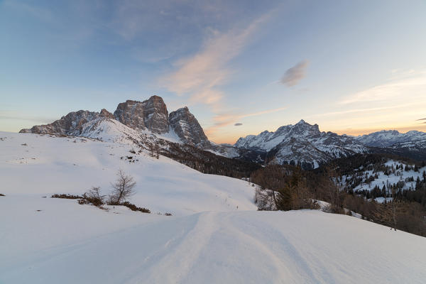 Twilight on Pelmo and Civetta from Col Roàn, Dolomites, Fiorentina Valley, Belluno, Borca di Cadore, Belluno, Veneto, Italy