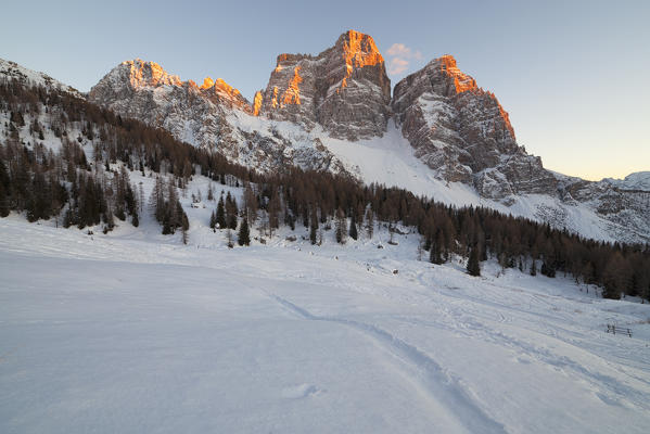 Winter sunset on Mount Pelmo, Dolomites, Fiorentina Valley, Borca di Cadore, Veneto, Italy