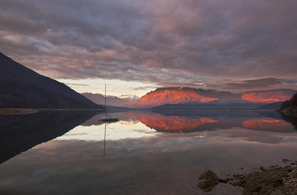 Santa Croce Lake, Alpago, Belluno Prealps, Veneto, Italy.