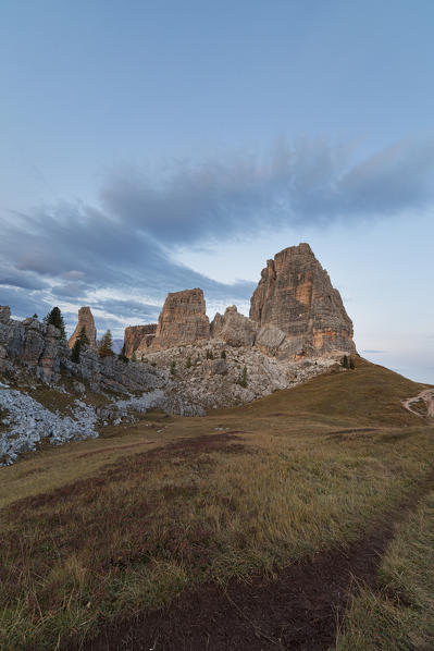 Dusk on Cinque Torri, Dolomites, Cortina d'Ampezzo, Belluno province, Veneto, Italy