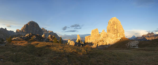 Sunset on Cinque Torri, Dolomites, Cortina d'Ampezzo, Belluno province, Veneto, Italy