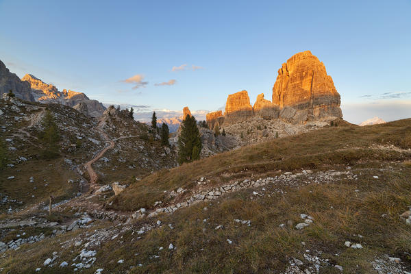 Sunset on Cinque Torri, Dolomites, Cortina d'Ampezzo, Belluno province, Veneto, Italy