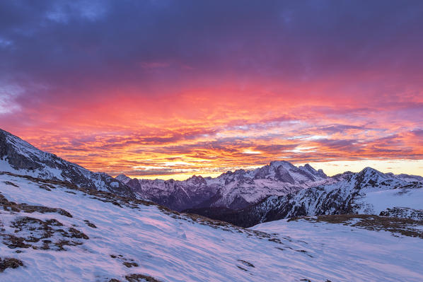 View from Col Piombin to Marmolada group at sunset, Dolomites, Giau Pass, San Vito di Cadore, Belluno province, Veneto, Italy