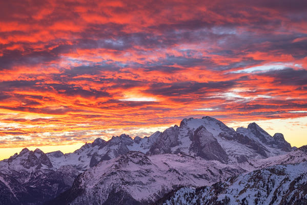 View from Col Piombin to Marmolada group at sunset, Dolomites, Giau Pass, San Vito di Cadore, Belluno province, Veneto, Italy