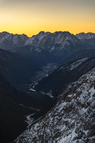 Mount Campedelle, Misurina, Auronzo di Cadore, province of Belluno, Veneto, Italy, Europe. Dawn over Auronzo di Cadore