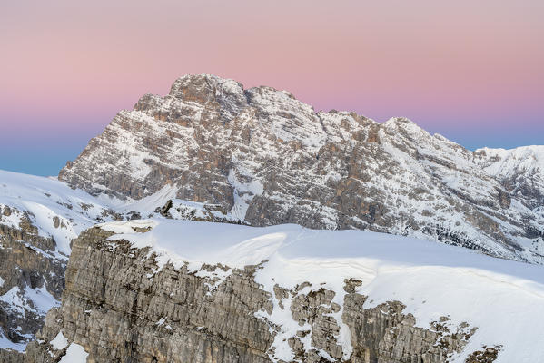 Mount Campedelle, Misurina, Auronzo di Cadore, province of Belluno, Veneto, Italy, Europe. Dawn over the Mount Cristallo 