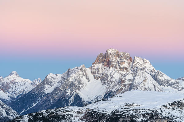 Mount Campedelle, Misurina, Auronzo di Cadore, province of Belluno, Veneto, Italy, Europe. Dawn over the Mount Croda Rossa d'Ampezzo