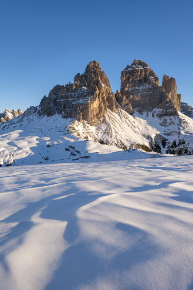 Mount Campedelle, Misurina, Auronzo di Cadore, province of Belluno, Veneto, Italy, Europe. Sunrise at the Tre Cime di Lavaredo