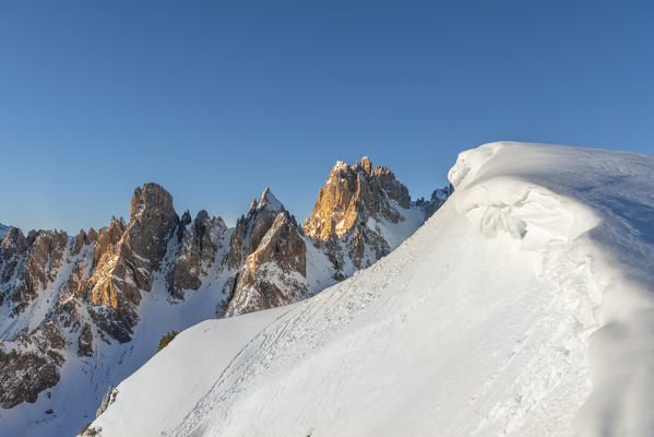 Mount Campedelle, Misurina, Auronzo di Cadore, province of Belluno, Veneto, Italy, Europe. Suunrise in the rocky peaks of the Cadini