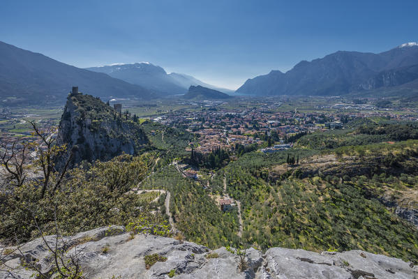 Arco, Trento province, Trentino, Italy, Europe. The panorama from Mount Colodri extends over the city of Arco to Lake Garda