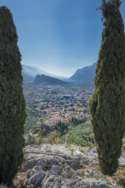 Arco, Trento province, Trentino, Italy, Europe. The panorama from Mount Colodri extends over the city of Arco to Lake Garda