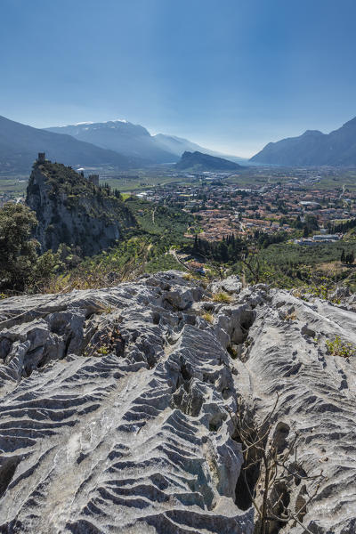 Arco, Trento province, Trentino, Italy, Europe. The panorama from Mount Colodri extends over the city of Arco to Lake Garda