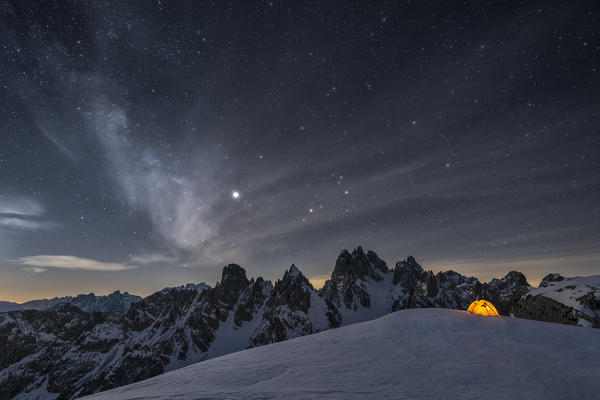 Mount Campedelle, Misurina, Auronzo di Cadore, province of Belluno, Veneto, Italy, Europe. Starry sky over the Cadini mountains