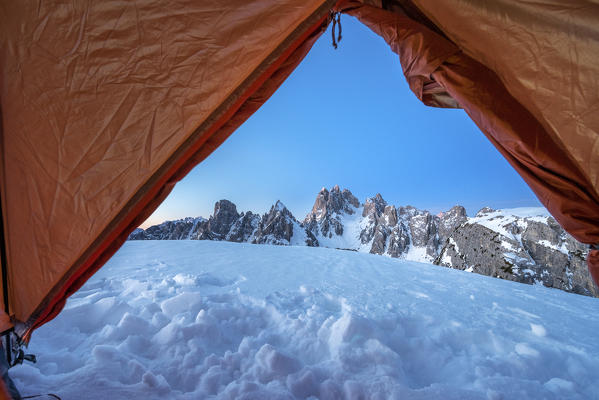 Mount Campedelle, Misurina, Auronzo di Cadore, province of Belluno, Veneto, Italy, Europe. Dawn over the Cadini mountains