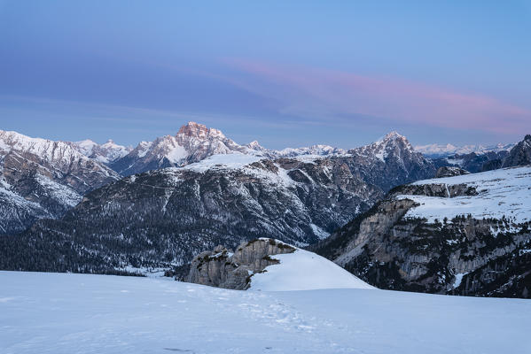 Mount Campedelle, Misurina, Auronzo di Cadore, province of Belluno, Veneto, Italy, Europe. Dawn over the Mount Croda Rossa d'Ampezzo and Picco di Vallandro