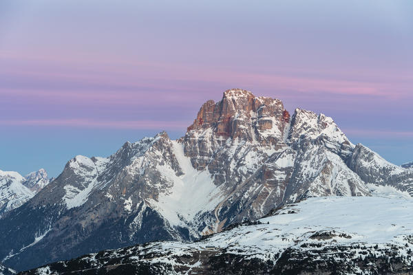 Mount Campedelle, Misurina, Auronzo di Cadore, province of Belluno, Veneto, Italy, Europe. Dawn over the Mount Croda Rossa d'Ampezzo