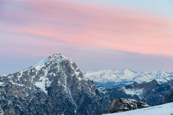 Mount Campedelle, Misurina, Auronzo di Cadore, province of Belluno, Veneto, Italy, Europe. Dawn over the Picco di Vallandro