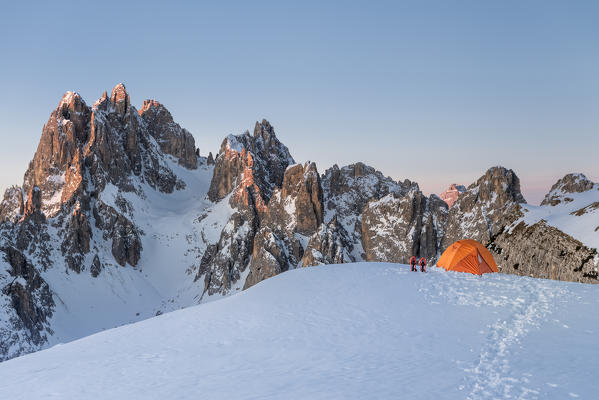 Mount Campedelle, Misurina, Auronzo di Cadore, province of Belluno, Veneto, Italy, Europe. Sunrise over the Cadini di Misurina mountains