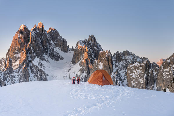 Mount Campedelle, Misurina, Auronzo di Cadore, province of Belluno, Veneto, Italy, Europe. Sunrise over the Cadini di Misurina mountains