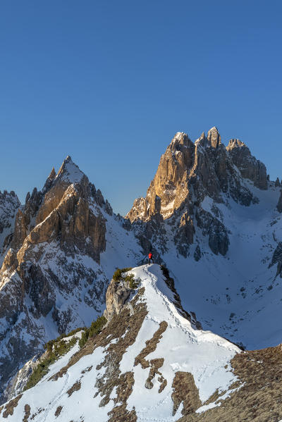 Mount Campedelle, Misurina, Auronzo di Cadore, province of Belluno, Veneto, Italy, Europe. A mountaineer admires the sunrise in the Cadini di Misurina mountains