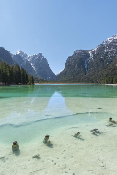 Dobbiaco/Toblach, Dolomites, South Tyrol, Italy. The lake Dobbiaco with the peak of Croda Bagnata.