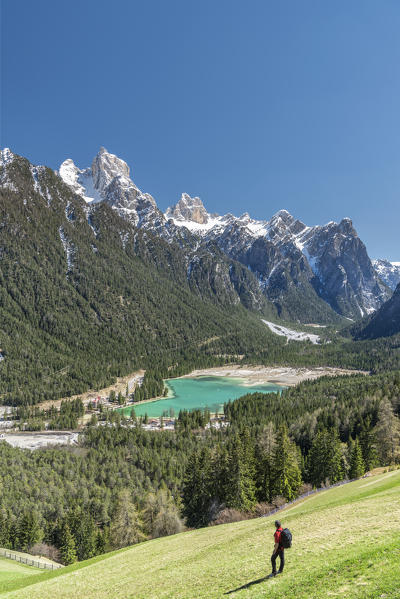 Dobbiaco/Toblach, Dolomites, South Tyrol, Italy. The lake Dobbiaco with the peaks of Croda dei Baranci and Croda Bagnata.