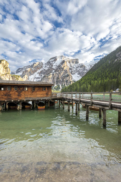 Braies / Prags, Dolomites, South Tyrol, Italy. The Lake Braies / Pragser Wildsee at sunset