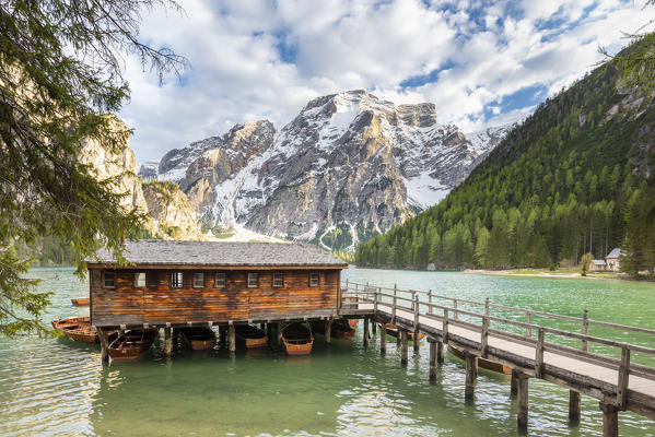 Braies / Prags, Dolomites, South Tyrol, Italy. The Lake Braies / Pragser Wildsee at sunset