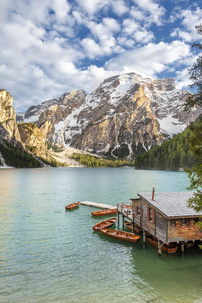 Braies / Prags, Dolomites, South Tyrol, Italy. The Lake Braies / Pragser Wildsee at sunset