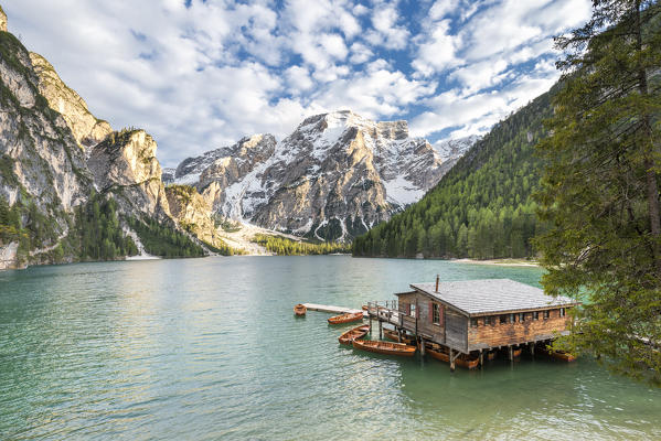 Braies / Prags, Dolomites, South Tyrol, Italy. The Lake Braies / Pragser Wildsee at sunset