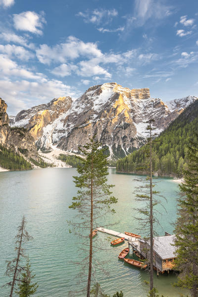 Braies / Prags, Dolomites, South Tyrol, Italy. The Lake Braies / Pragser Wildsee at sunset