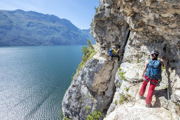 Pregasina, Riva del Garda, Lake Garda, Trento province, Trentino Alto Adige, Italy, Europe. Climbers on the 