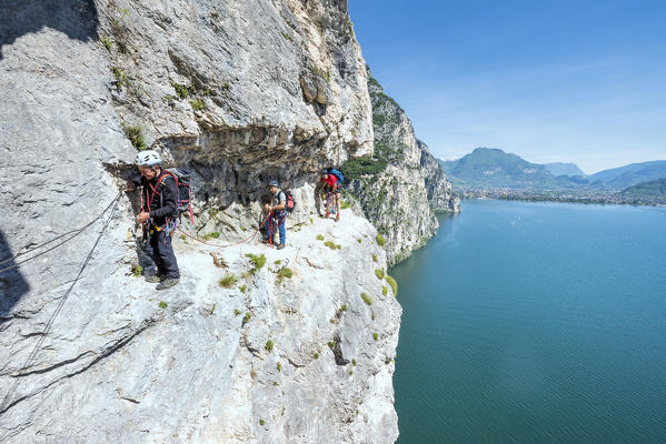 Pregasina, Riva del Garda, Lake Garda, Trento province, Trentino Alto Adige, Italy, Europe. Climbers on the 