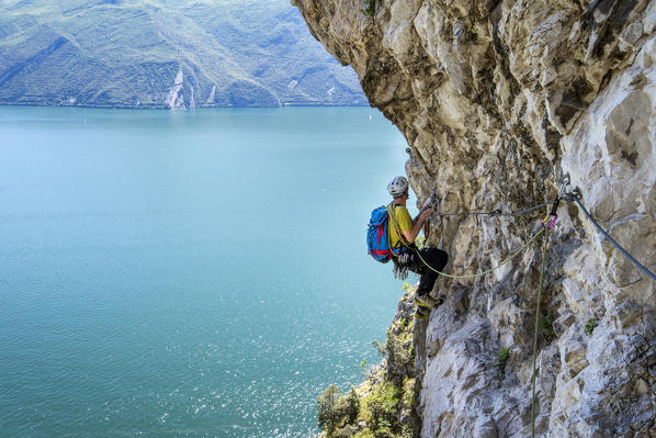 Pregasina, Riva del Garda, Lake Garda, Trento province, Trentino Alto Adige, Italy, Europe. Climbers on the 