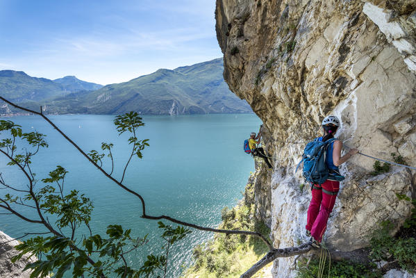 Pregasina, Riva del Garda, Lake Garda, Trento province, Trentino Alto Adige, Italy, Europe. Climbers on the 