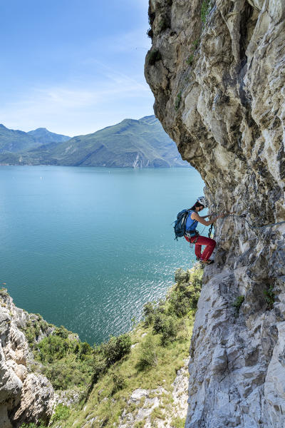 Pregasina, Riva del Garda, Lake Garda, Trento province, Trentino Alto Adige, Italy, Europe. Climbers on the 