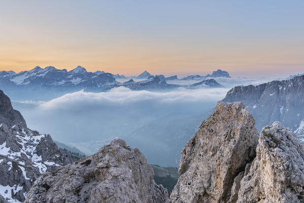 Gran Cir, Gardena Pass, Dolomites, Bolzano district, South Tyrol, Italy, Europe. View just before sunrise from the summit of Gran Cir to the mountains of Tofane, Sorapiss, Antelao and Mount Pelmo