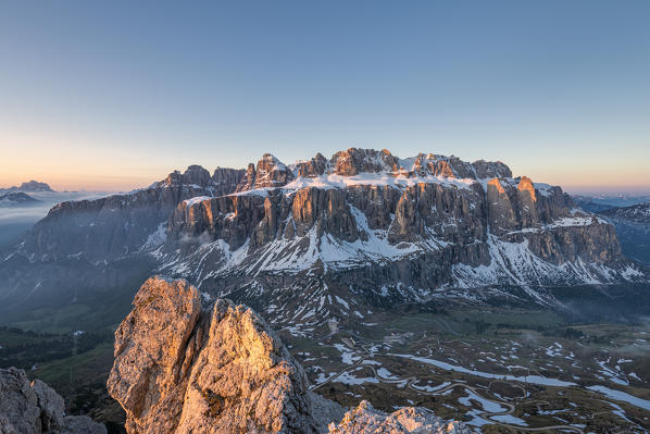 Gran Cir, Gardena Pass, Dolomites, Bolzano district, South Tyrol, Italy, Europe. View at sunrise from the summit of Gran Cir to Sella mountains