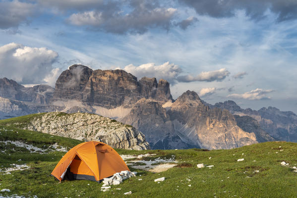 Mount Campedelle, Misurina, Auronzo di Cadore, province of Belluno, Veneto, Italy, Europe. The Mount Croda dei Toni at sunset