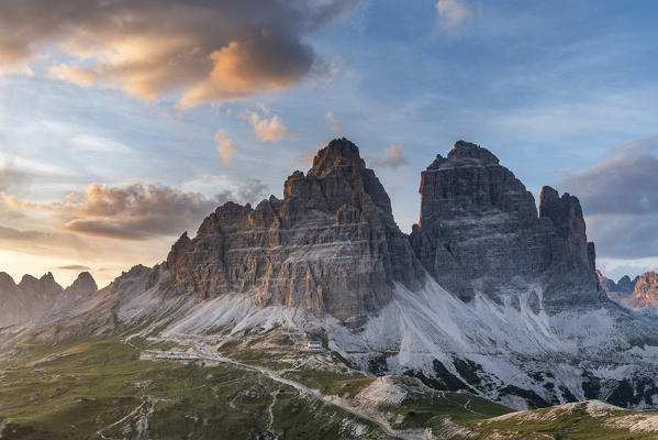 Mount Campedelle, Misurina, Auronzo di Cadore, province of Belluno, Veneto, Italy, Europe. The Tre Cime di Lavaredo at sunset