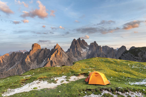 Mount Campedelle, Misurina, Auronzo di Cadore, province of Belluno, Veneto, Italy, Europe. The Cadini di Misurina mountains at sunset