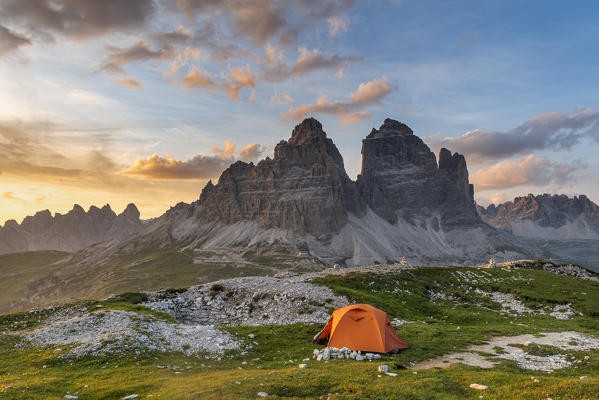 Mount Campedelle, Misurina, Auronzo di Cadore, province of Belluno, Veneto, Italy, Europe. The Tre Cime di Lavaredo at sunset