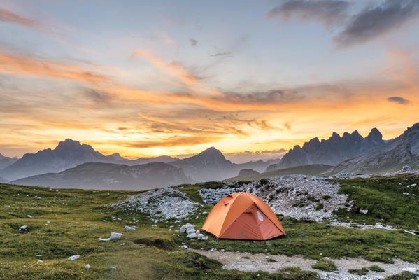 Mount Campedelle, Misurina, Auronzo di Cadore, province of Belluno, Veneto, Italy, Europe. Sunset at the top of Mount Campedelle