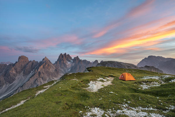 Mount Campedelle, Misurina, Auronzo di Cadore, province of Belluno, Veneto, Italy, Europe. Sunset at the top of Mount Campedelle